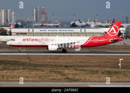 Istanbul / Turkey - March 27, 2019: AtlasGlobal Airbus A321 TC-ATB passenger plane departure at Istanbul Ataturk Airport Stock Photo