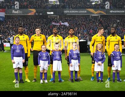 GLASGOW, SCOTLAND - DECEMBER 12: Young Boys players line up with mascots before the UEFA Europa League group G match between Rangers FC and BSC Young Boys at Ibrox Stadium on December 12, 2019 in Glasgow, United Kingdom. (Photo by MB Media) Stock Photo