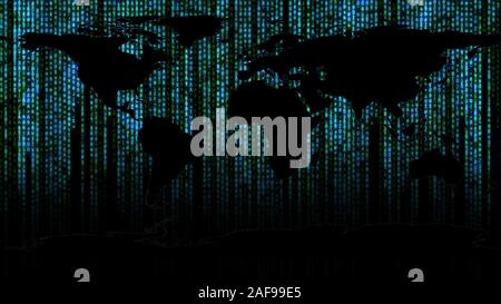 Global map with binary matrix background. Falling sign on dark backdrop. Global abstract data concept. Blue and green futuristic cyberspace Stock Photo