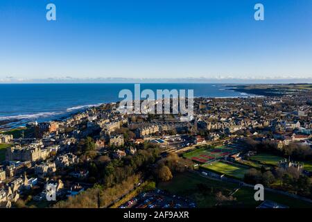 Aerial view of St Andrews from the town looking towards East Sands. The University buildings can be seen in the foreground. Stock Photo