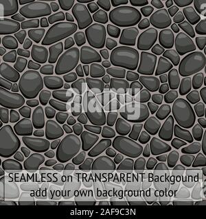 Seamless pebbles stones black with transparent background so you can add your own background color fine detail Stock Vector