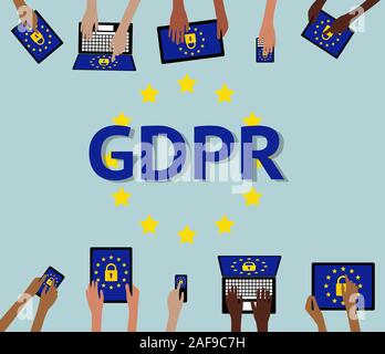 GDPR General data protection Hands holding Computer devices with padlock security Stock Vector