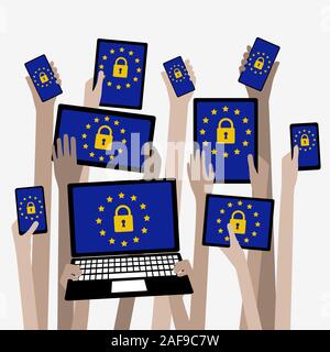 GDPR General data protection Hands holding Computer devices with padlock security Stock Vector