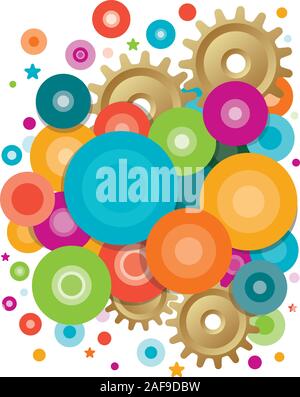Abstract composition with circles of different sizes of yellow, green, blue and purple mixed with gears and stars. Vector background Stock Vector