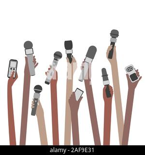Hands Holding microphones during press conference or interview speech grouped vector Stock Vector