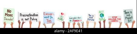 Banner of school children holding climate change protest signs in hands - vector grouped easy to edit Stock Vector