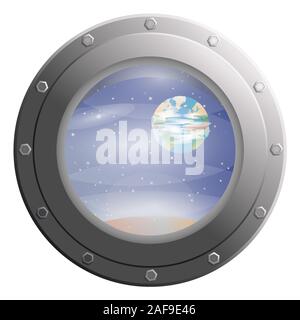View space stars and planets through Porthole glass window from shuttle or spaceship exploration concept showing earth Stock Vector