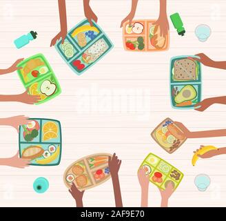 Children hands holding lunch boxes on table with healthy lunches food nutrition in school concept with lunchboxes Stock Vector