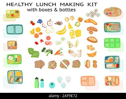 Lunch making Kit with healthy sandwich food fruit vegetables and boxes homemade school lunchbox concept Stock Vector