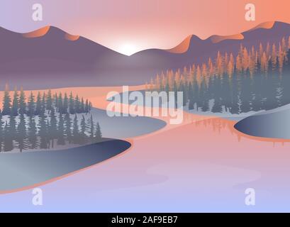 travel landscape with abstract mountain and river in sunrise or sunset flat vector grouped and layered Stock Vector