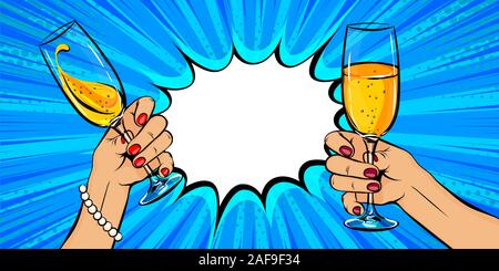 White woman hand hold glass of champagne in pop art style Stock Vector