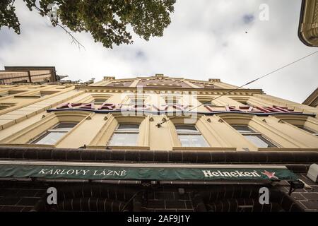 PRAGUE, CZECHIA - NOVEMBER 1, 2019: Entrance to Karlovy Lazne Club in the day. Karlovy Lazne is an iconic night club, a symbol of the nightlife in the Stock Photo