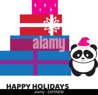 vector illustration of Christmas boxes and a cute panda bear in Santa hat. Stock Vector