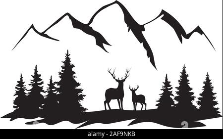 vector illustration of deer silhouettes, mountains, forest. Stock Vector