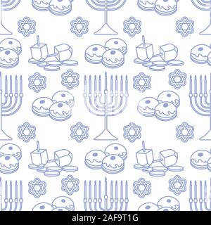 Happy Hanukkah. Jewish holiday Vector seamless pattern with traditional Chanukah symbols Menorah candles, donuts, dreidel spinning top, coins, cookies Stock Vector