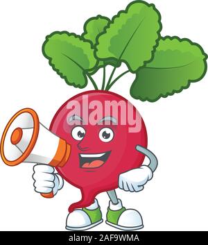 Smiling cartoon character of red radish with megaphone Stock Vector