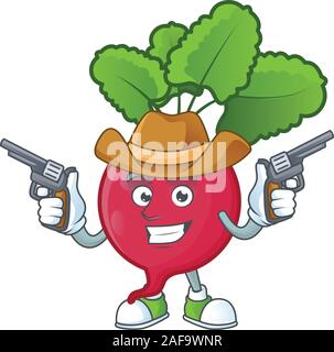 Smiling red radish mascot icon as a Cowboy holding guns Stock Vector