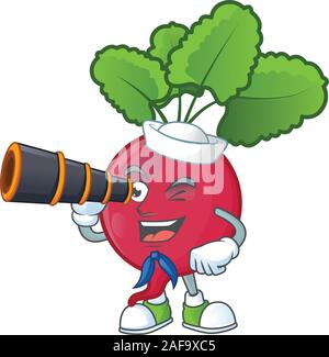 Picture of Smiling happy Sailor red radish with binocular Stock Vector