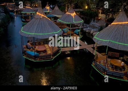 Over-the-river dining, river restaurant, retaurant on the river, Adrasan, Lykia, Turkey Stock Photo