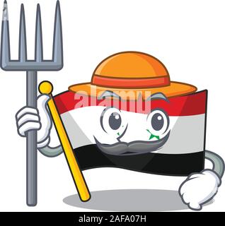 Happy Farmer flag syria Scroll cartoon character with hat and tools Stock Vector
