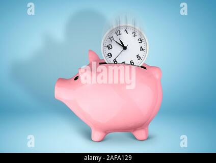 Saveing time concept, piggy bank with clock Stock Photo