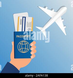 Passport Hand Travel Document Vacation Trip Booking Air Plane Flight Flat Vector Illustration Stock Vector