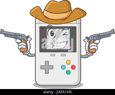 Handheld game Scroll mascot performed as a Cowboy with guns Stock Vector