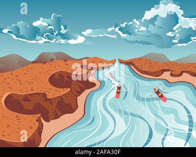 Blue river flowing through the high mountain and rafting people landscape background. Stock Vector