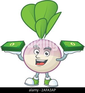 Happy face turnip character with money on hand Stock Vector