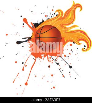 Grunge background with basketball ball with flame and spatters. Stock Vector