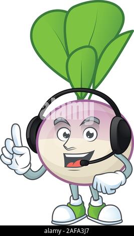 Turnip cute cartoon character design with headphone Stock Vector