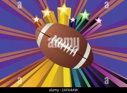 American football, rugby ball on colorful background with rays. Stock Vector