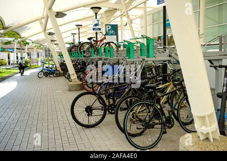 Singapore-02 NOV 2019:Multi Level bicycle parking garage outside of mrt station Stock Photo
