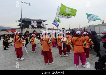 Seoul, South Korea - November 30th, 2019: Hundreds of people in march protesting against the Moon Jae-in administration. Stock Photo