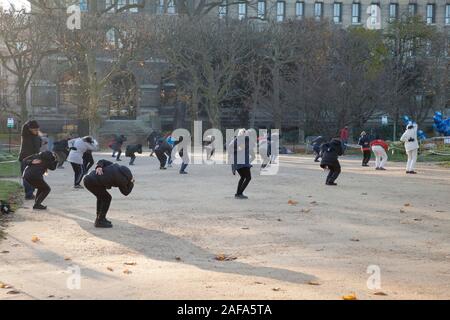 An early morning tai chi exercise class in the Jardin des Plantes in Paris Stock Photo