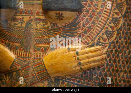 Detail of a painted Egyptian sarcophagus in the Louvre Museum, Paris Stock Photo