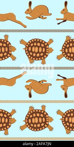 The Tortoise and the Hare. Illustration of Aesops fables. Seamless pattern. In the Greek style. With a meander ornament Stock Vector