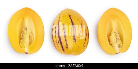 Fresh Pepino fruit with leaves isolated on white background. Top view, flat lay Stock Photo