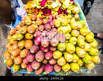 Fruits of Prickly pear cactus with fruits also known as Opuntia, ficus-indica, Indian fig opuntia for sale at the street market in Peru. Stock Photo