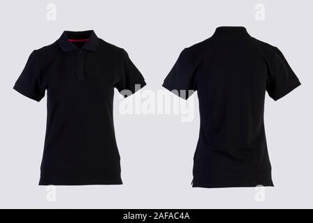 black womens blank polo shirt, front and back view isolated on white on invisible mannequin Stock Photo