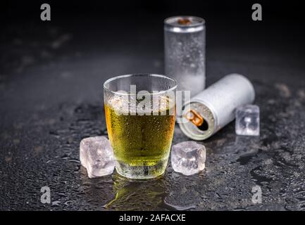 Some fresh Energy Drinks on a vintage slate slab, selective focus, close-up shot Stock Photo