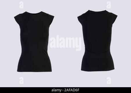 Women's blank black short sleeve t-shirt, front and back rear view template. Blank shirt mock up for print design. Isolated on white Stock Photo