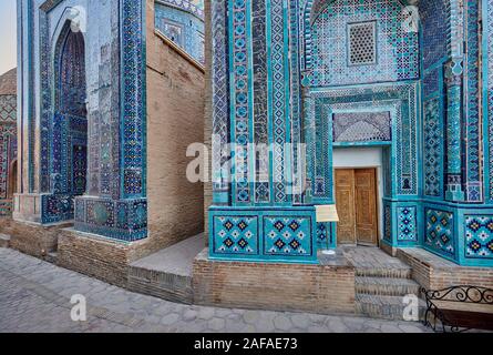 facade heavily decorated with blue tiles in necropolis Shah-i-Zinda, Samarqand, Uzbekistan, Central Asia