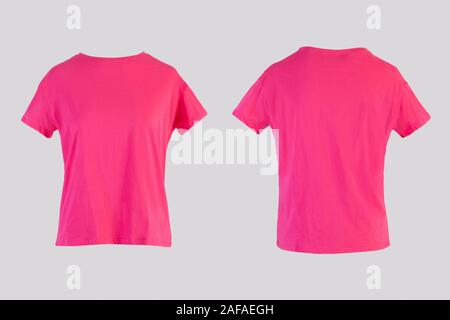 Blank pink female t-shirt Isolated on white background front and back rear view on invisible mannequin Stock Photo