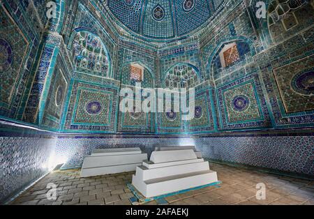 interior shot in tomb of necropolis Shah-i-Zinda, Samarqand, Uzbekistan, Central Asia Stock Photo