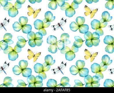 Watercolor seamless pattern. Dragonfly, butterfly and transparent field flowers. Isolated hand drawn illustration with colourful wild plants for Stock Photo