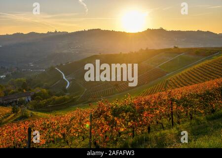 Backlight, elevated view of the Langhe vineyard hills at sunset in autumn, Unesco World Heritage Site, Alba, Cuneo province, Piedmont, Italy Stock Photo
