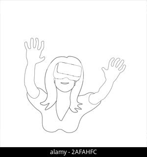 Virtual reality: woman using VR headset. Black outline on white background. Picture can be used in greeting cards, posters, flyers, banners, logo, further design etc. Vector illustration. EPS10 Stock Vector