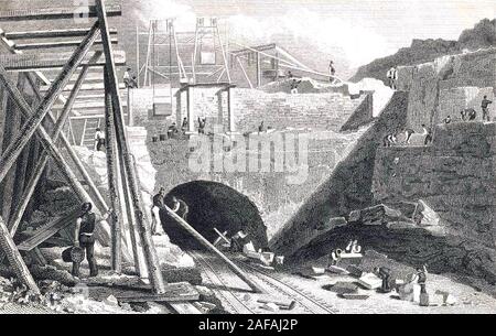 LIVERPOOL-MANCHESTER RAILWAY. The Edge Hill tunnel under construction about 1830
