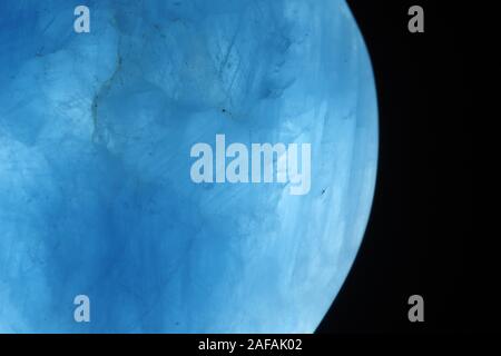 Blue Calcite Crystal. CaCO3, Backlit. Macro Geology Photo. UK. Stock Photo
